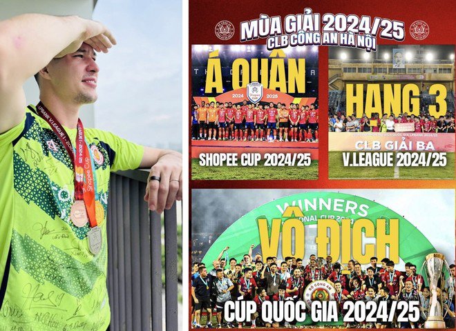 Thủ môn Nguyễn Filip (trái) hãnh diện khoe bộ sưu tập huy chương vàng-bạc-đồng sau mùa giải thành công trong màu áo CLB Công an Hà Nội