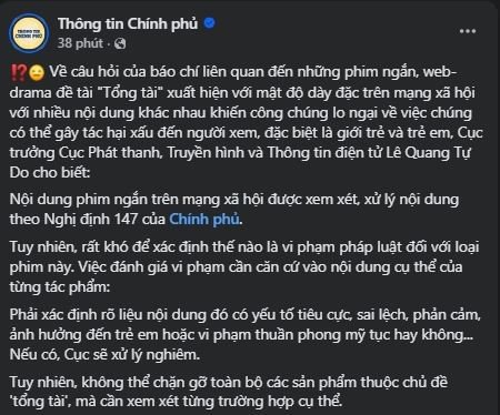 Thông điệp từ fanpage Thông tin Chính phủ giữa làn sóng phim ngắn “tổng tài” đang phủ sóng mạng xã hội - 3
